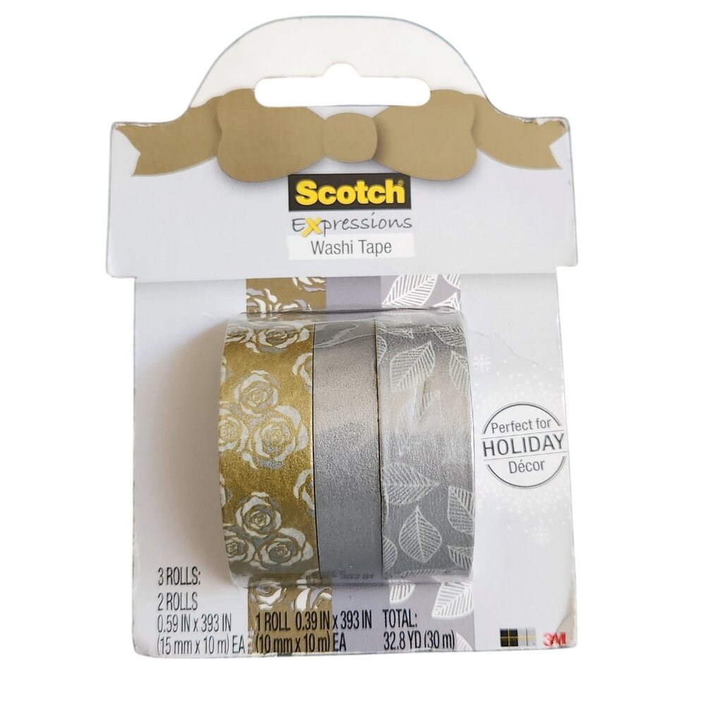 Scotch Expressions Washi Tape 3 rolls Craft Projects Holiday Decor Silver Gold